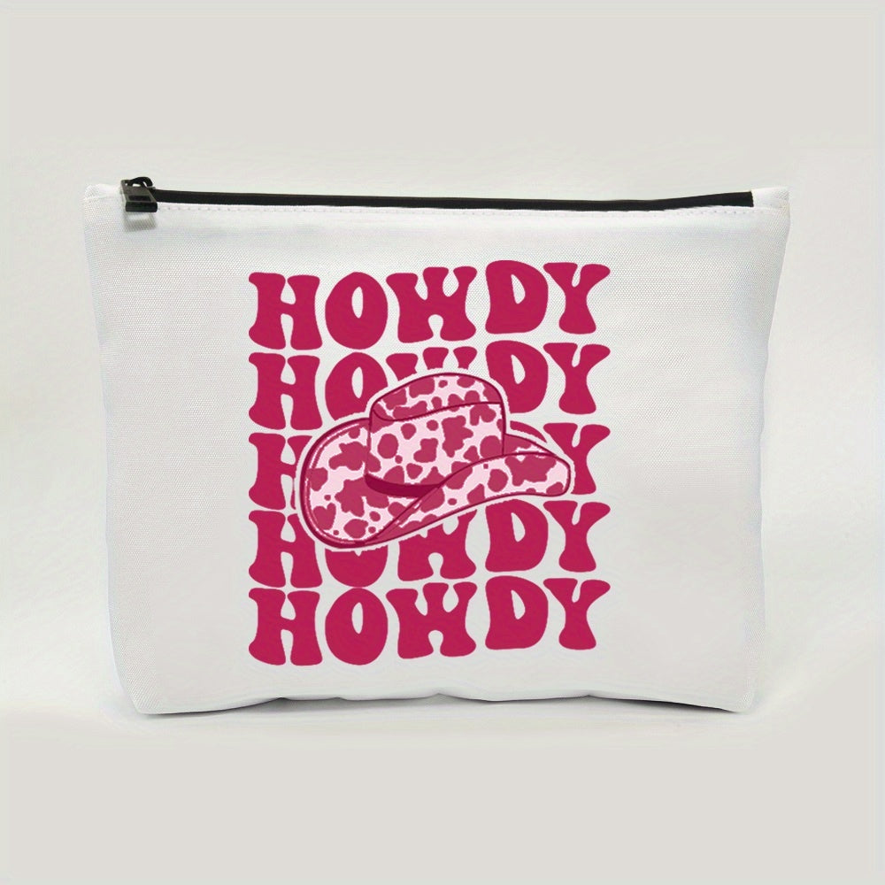 Hot Pink Vintage Western Cow Print Cowboy Hat Cosmetic Bag