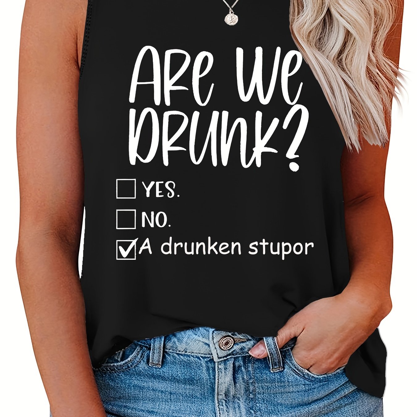  Casual Tank Top Women's Plus Slogan Print Round Neck Tank Top