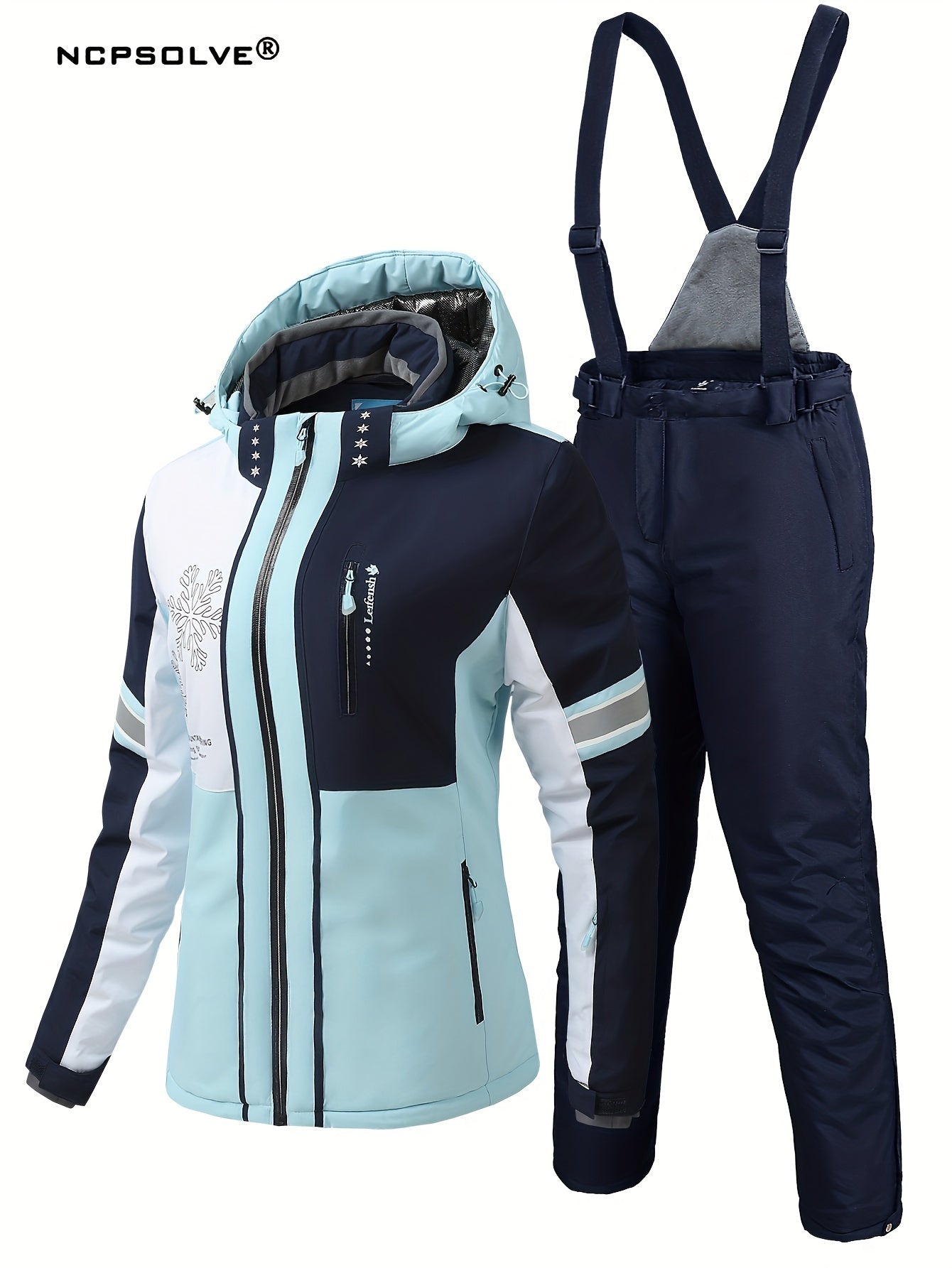 Colorblock Snowflake Ski Set Zip Hooded Jacket & Suspender Trouser