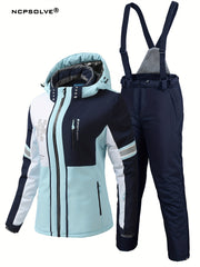 Colorblock Snowflake Ski Set Zip Hooded Jacket & Suspender Trouser