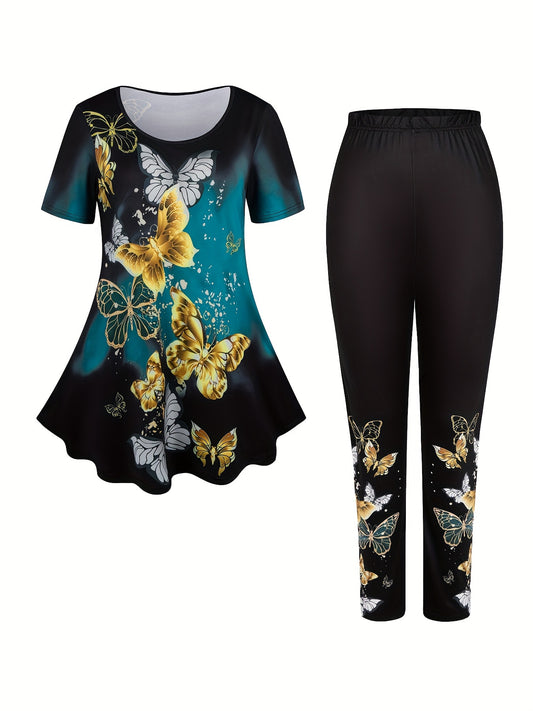  Butterfly Print Ombre Tunic Top & Leggings Set