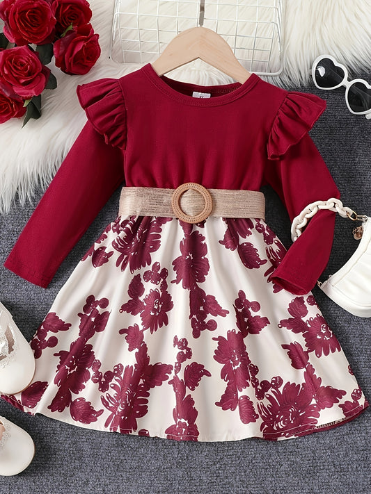 Vintage Floral Patchwork Dress Toddler Girls Ruffle Sleeve Belted Dress