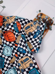 Boys School Bus Schoolbag Pencil Calculator Alarm Clock Short Sleeves Shirt
