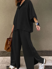  Solid Loose Fit Tee & Split Pants Outfit Set