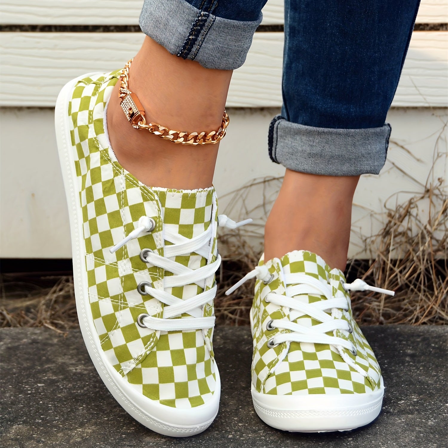 Women's Green Grid Lace Up Shoes Comfy & Lightweight Canvas Shoes