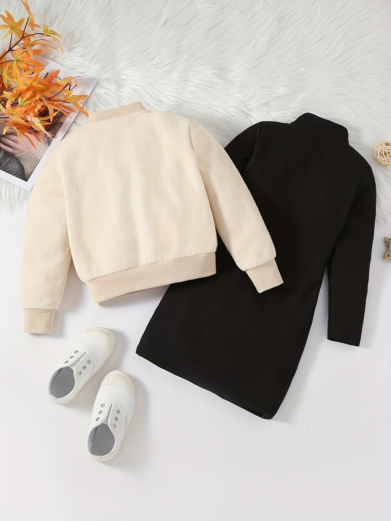 Girls Style Suit V Neck Coat With Pockets Plus Knitted Dress