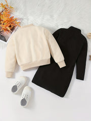 Girls Style Suit V Neck Coat With Pockets Plus Knitted Dress
