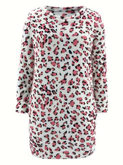  Leopard Print Long Sleeve Round Neck Casual Dress