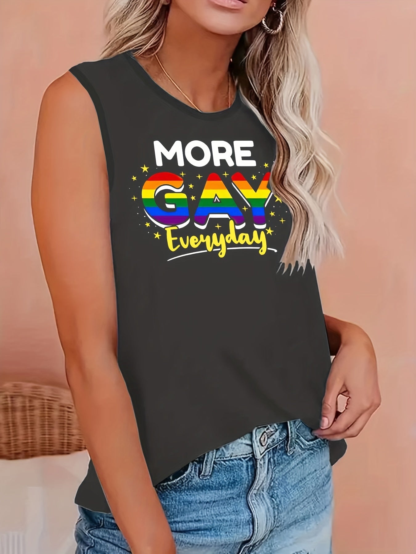 Plus Size LGBT Tank Top Rainbow Print Round Neck Stretch