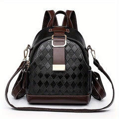 Small Rhombus Pattern Retro Backpack PU Leather Textured School Travel Bag