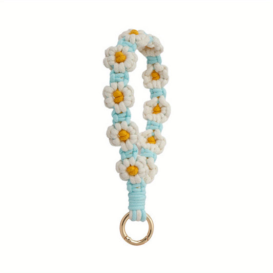 Boho Daisy Keychain for Girls Soft Macrame Wristlet Lanyard for Keys