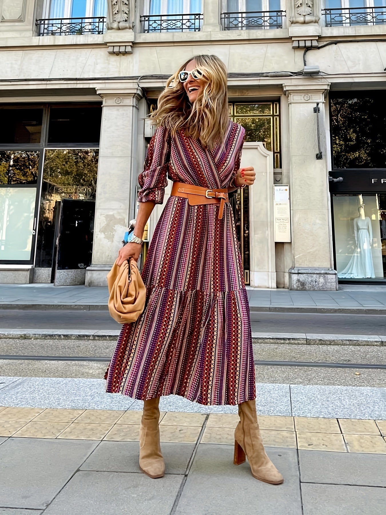  Geometric Print Long Sleeved Maxi Dress