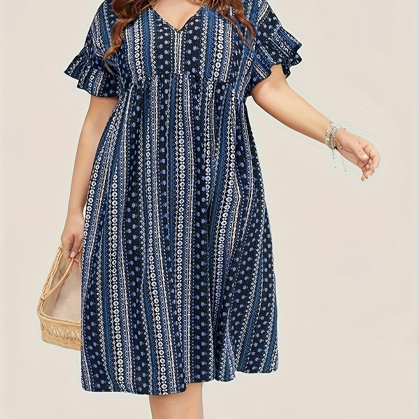  Colorblock Boho Dress V Neck Ruffle Trim Short Sleeve