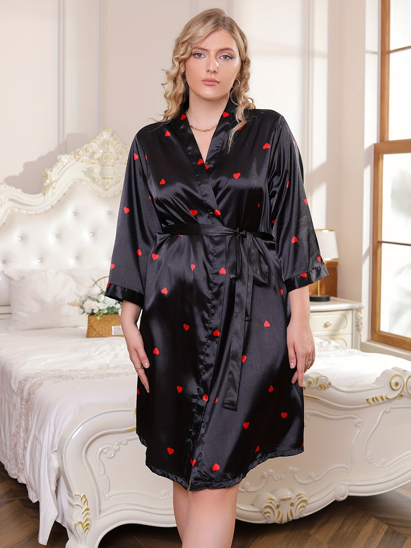  Heart Print Silk Satin Robe Long Sleeve Nightgown