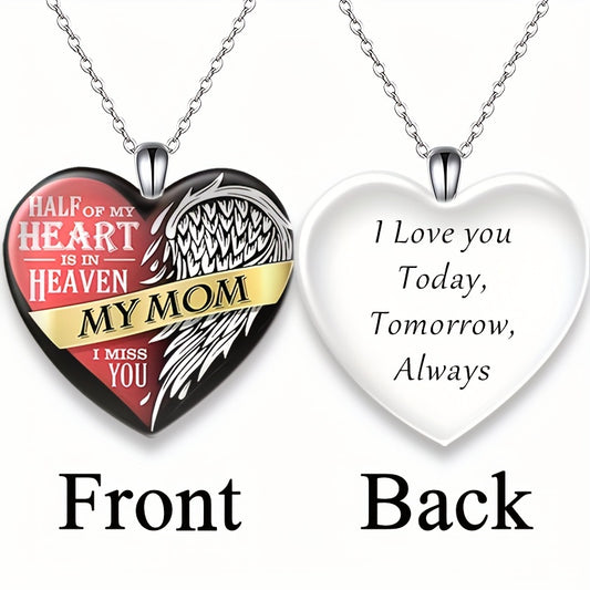 Heart Shaped Crystal Pendant Necklace With Mom Letter Necklace
