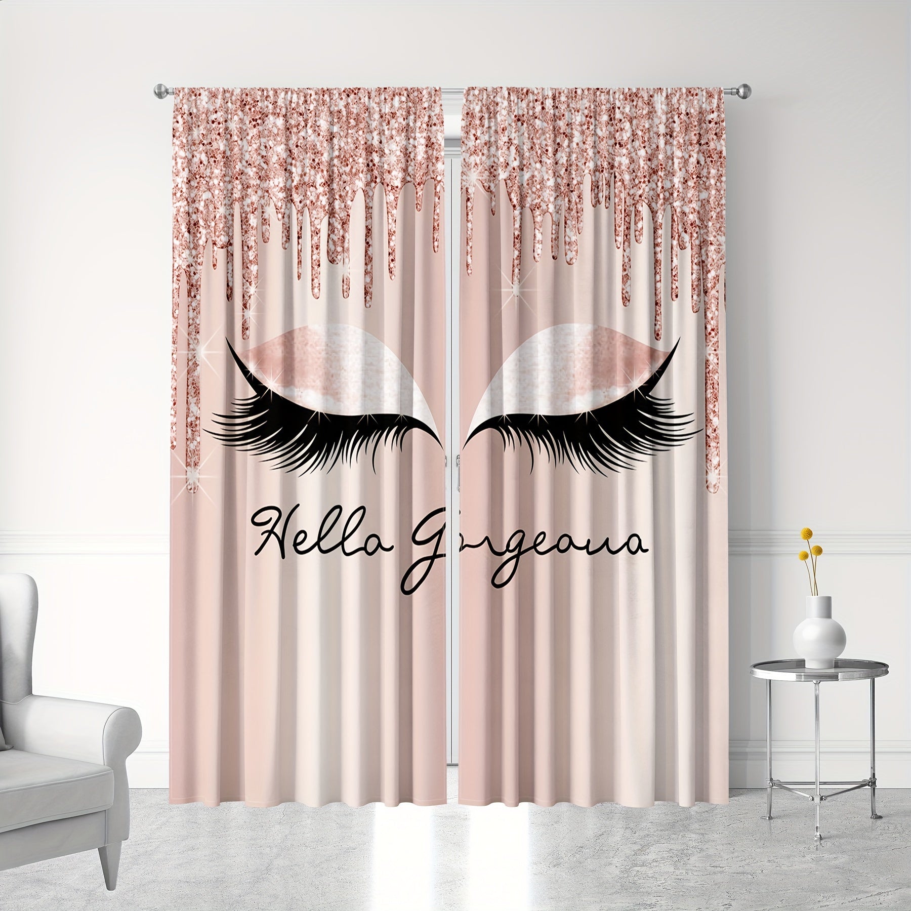 Large Eyelash Printed Curtain Rod Pocket Curtains - 2pc Home Decor