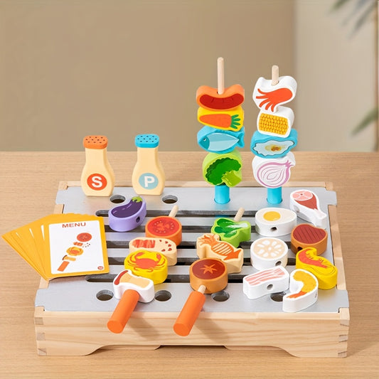 Wooden BBQ Grill Playset with Realistic Food Toys