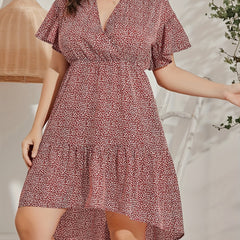  Allover Print Short Sleeve Surplice Neck Dress