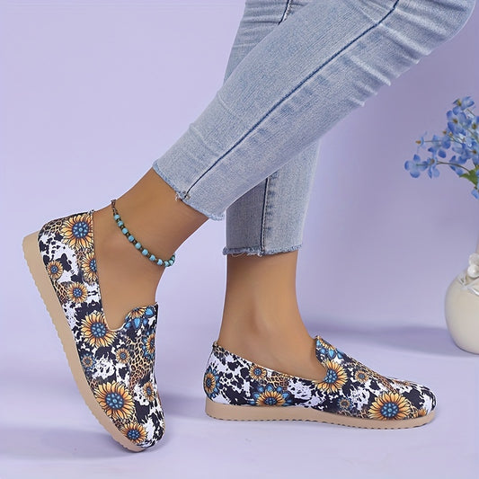 Women's Sunflower Print Flat Shoes Round Toe Slip On Shoes