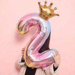 2pcs 32in Foil Gradient Number Balloons + Crown Balloon Set - Party Decor