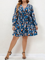 Plus Size Leopard Print Lantern Sleeve A-line Dress With Belt