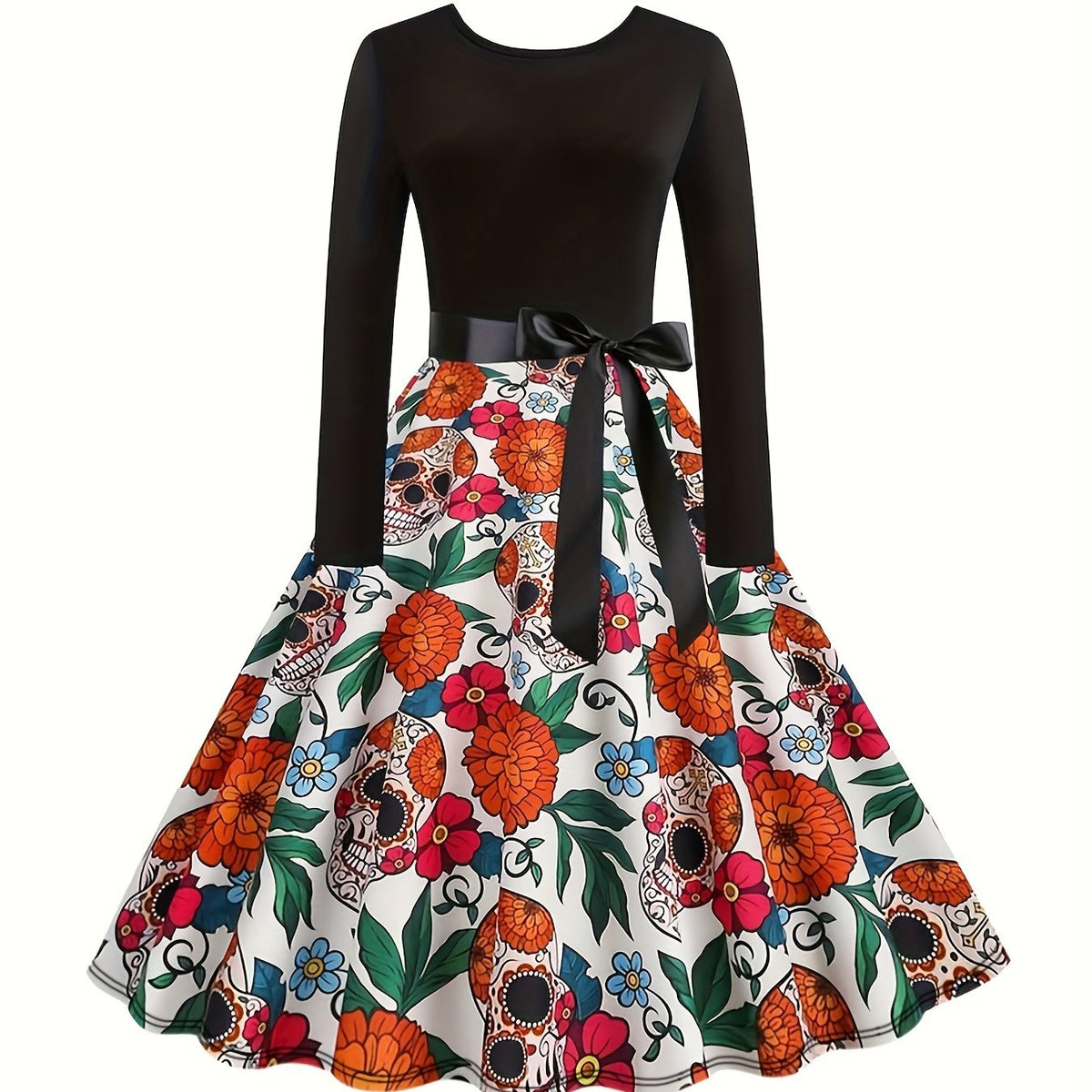  Gothic Floral & Skull Print Swing Dress