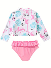 2pcs Girls Flamingo Sporty Swimsuit Set Long Sleeve Top Briefs