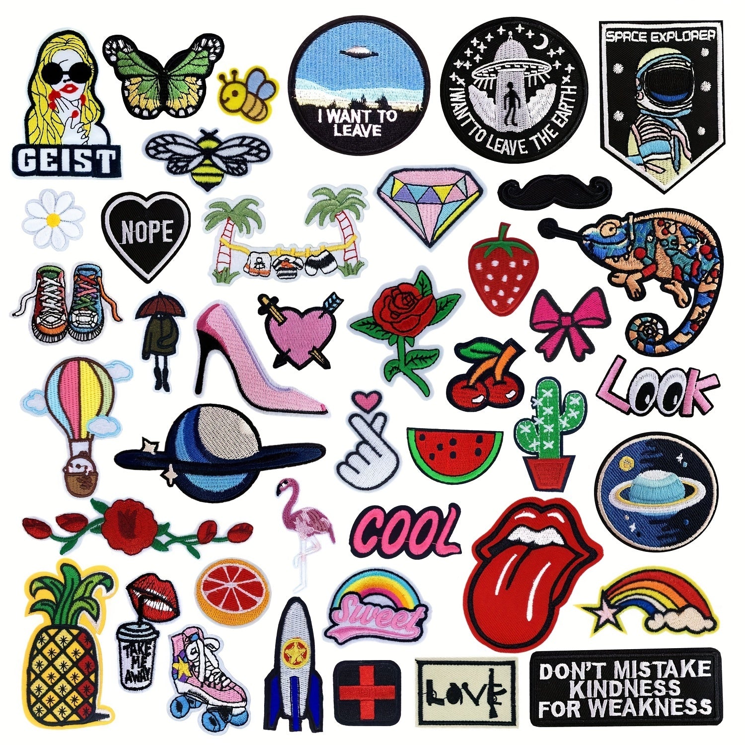 42pcs Cartoon Embroidered Iron On Patches Butterfly Planet Cloth Stickers