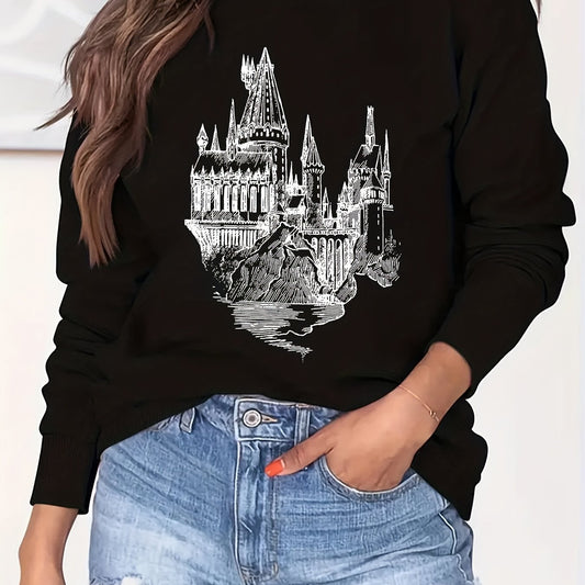 Castle Print Sweatshirt Crew Neck Long Sleeve Casual