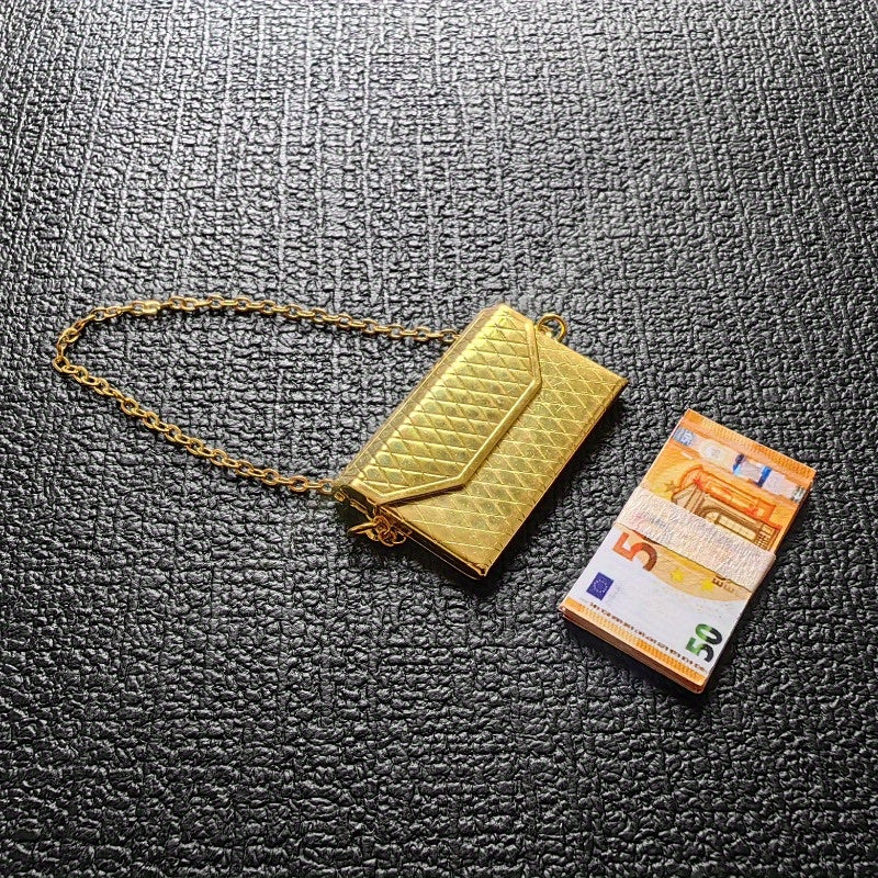 1:12 Scale Mini Metal Clutch Purse w/ Chain Strap & Mini Euro Notes DIY Prop