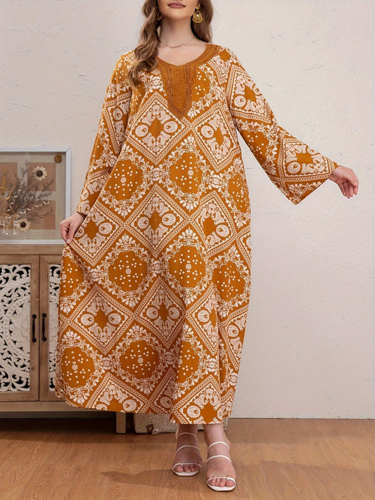 Plus Size Boho Abaya Dress Women's Plus Scarf Print Kaftan Dress