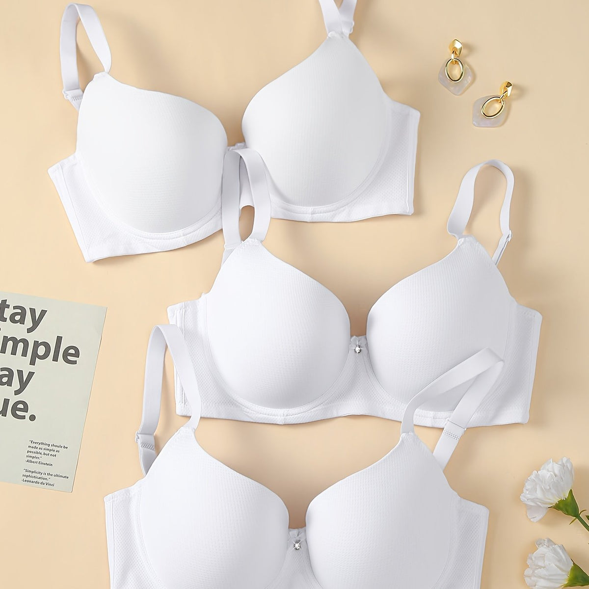 3 Pack Plus Size Rhinestone Decor Seamless Padded Bra Set