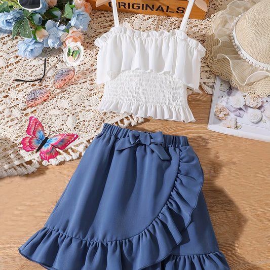 Girls Suspender Dress Set Sleeveless Top Elastic Skirt With Bow