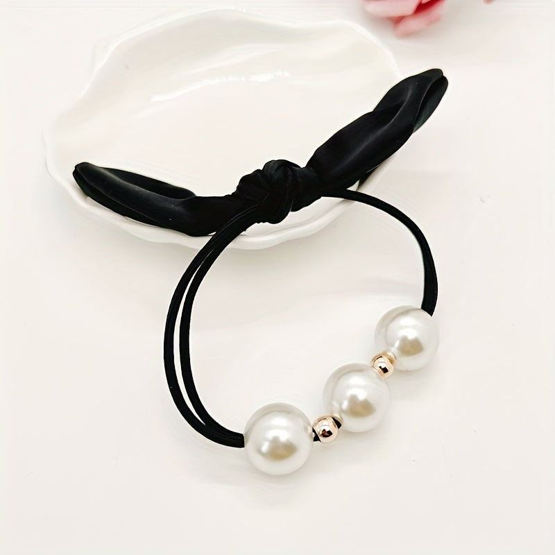 Bow Faux Pearl Hairband Elastic Hair Tie