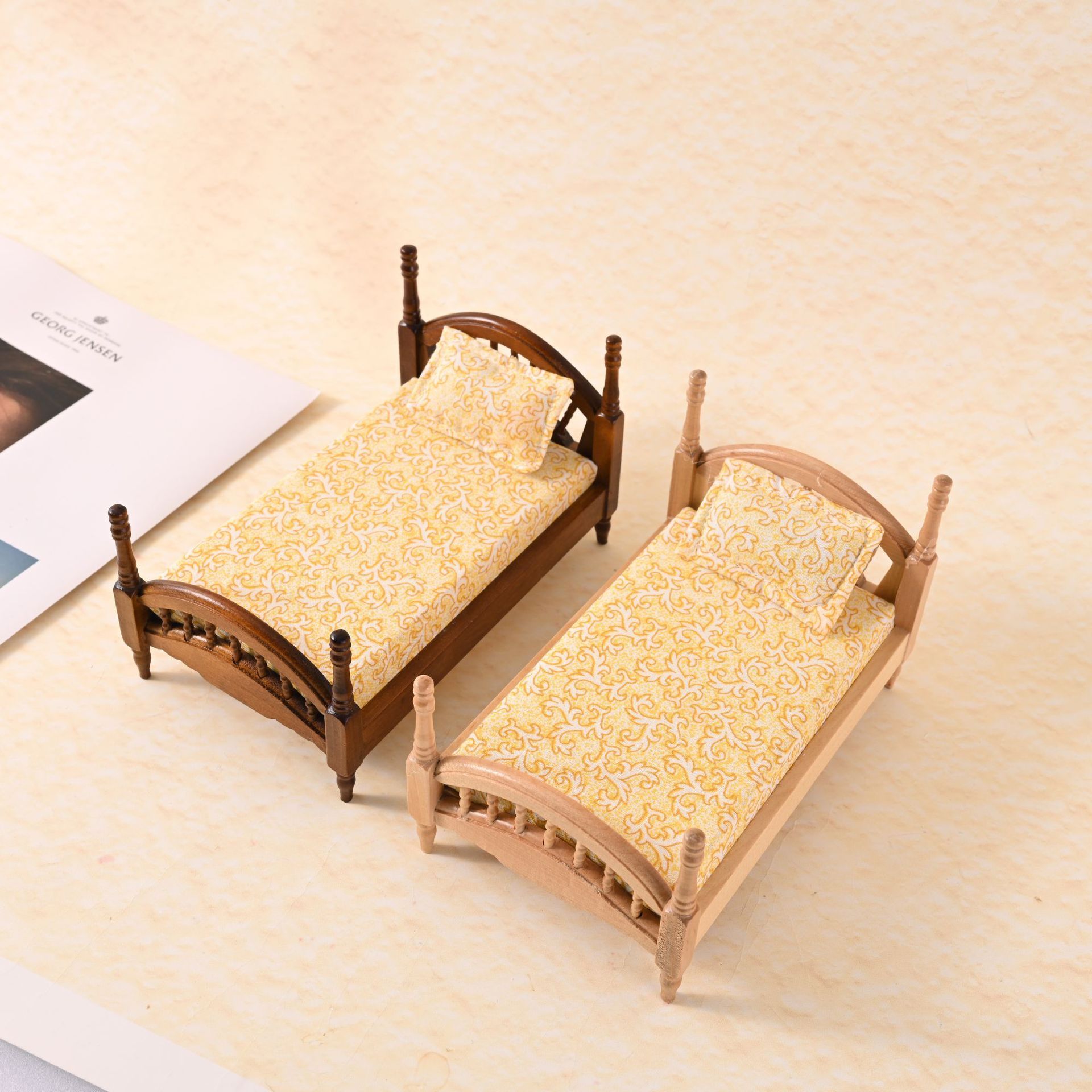 Mini Dollhouse Wooden Bed Vintage Floral Pattern Yellow