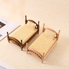Mini Dollhouse Wooden Bed Vintage Floral Pattern Yellow