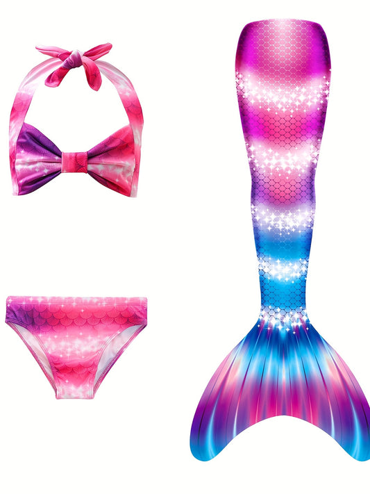 Girl's Mermaid Swimsuit 3pcs Halter Bikini Set & Mermaid Tail