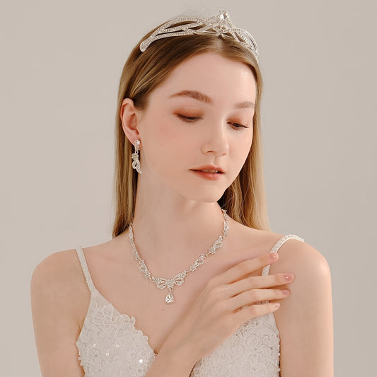 3PCS Wedding Necklace Earrings Crown Set Bridal Jewelry
