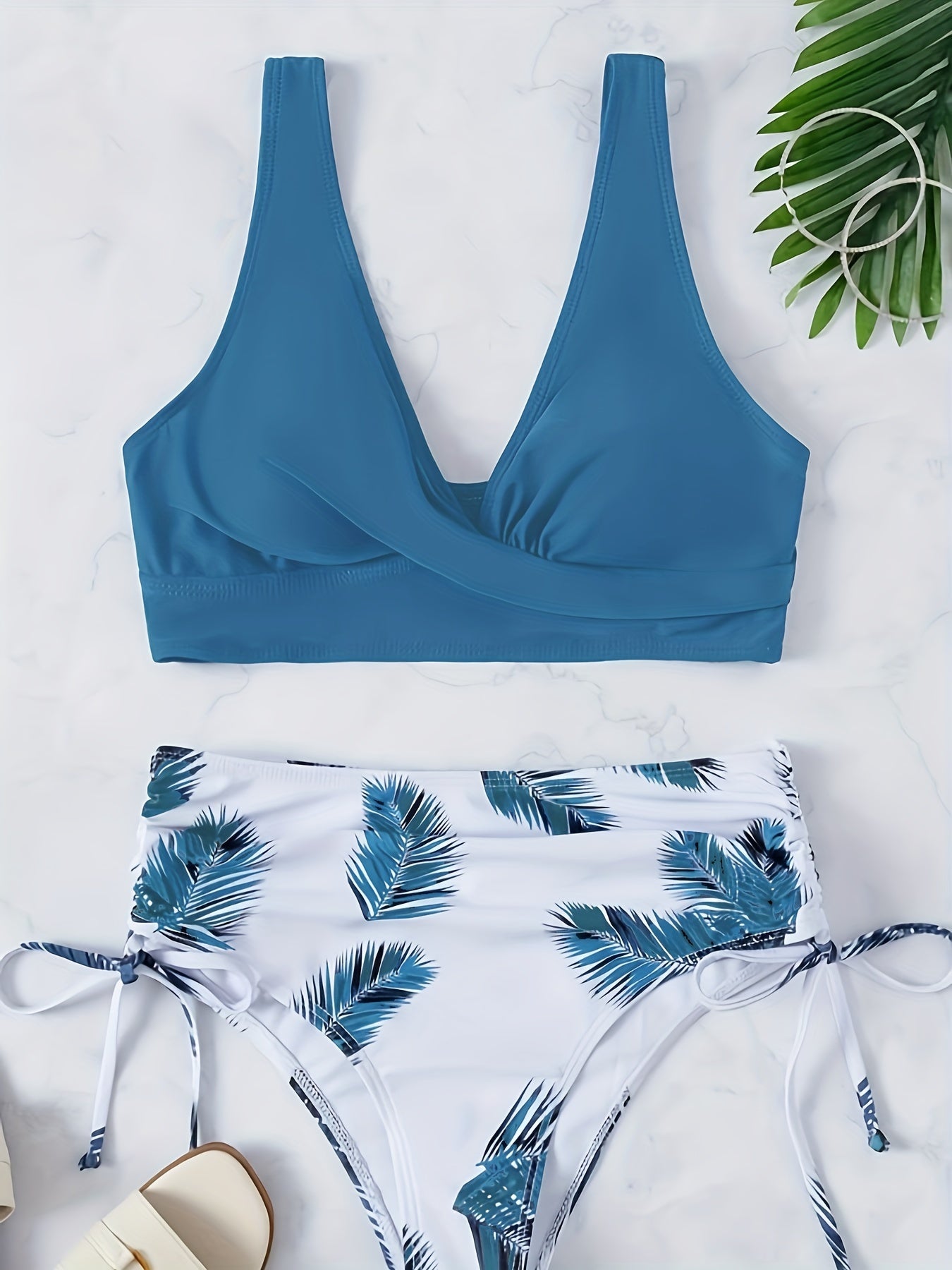 Leaf Print Bikini Set Drawstring Tie Side Push Up Swimsuit Women's Swimwear