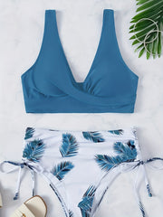 Leaf Print Bikini Set Drawstring Tie Side Push Up Swimsuit Women's Swimwear