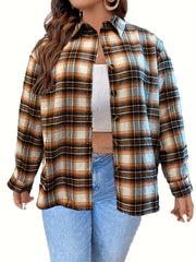  Plaid Print Button Up Long Sleeve Shacket
