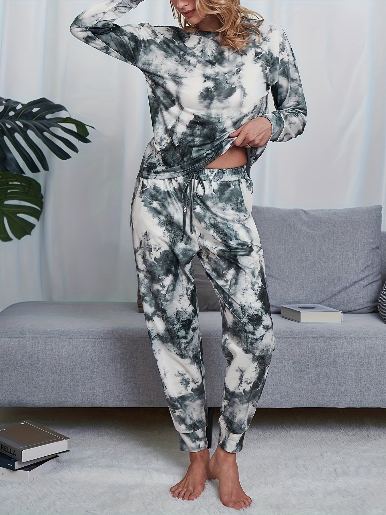 Tie Dye Print Lounge Set Long Sleeve Top & Pants Women's Loungewear