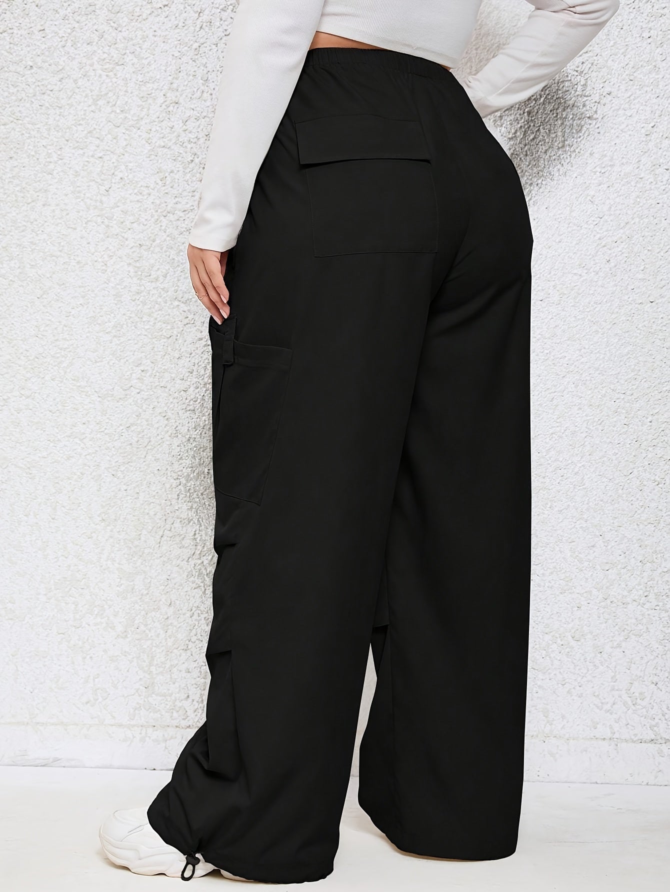  Solid Elastic Drawstring High Rise Wide Leg Cargo Trousers