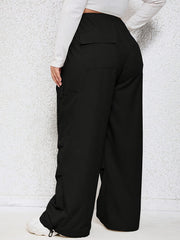  Solid Elastic Drawstring High Rise Wide Leg Cargo Trousers