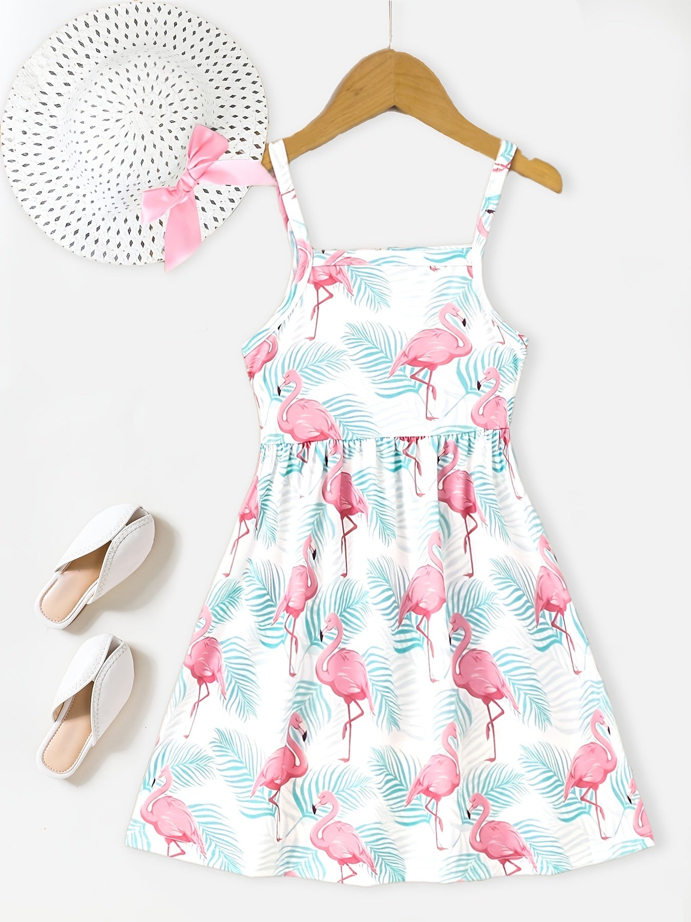 2pcs Toddler Girls Flamingo Cami Dress & Bow Straw Hat Set