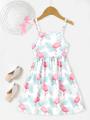 2pcs Toddler Girls Flamingo Cami Dress & Bow Straw Hat Set
