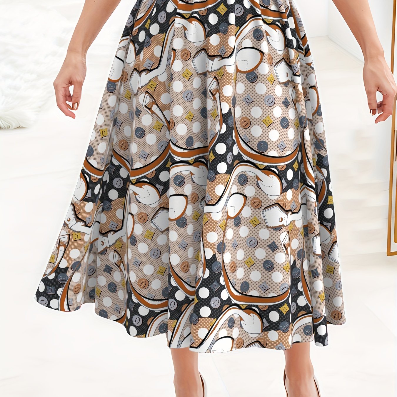  Polka Dot Print High Waist Skirt with Belt