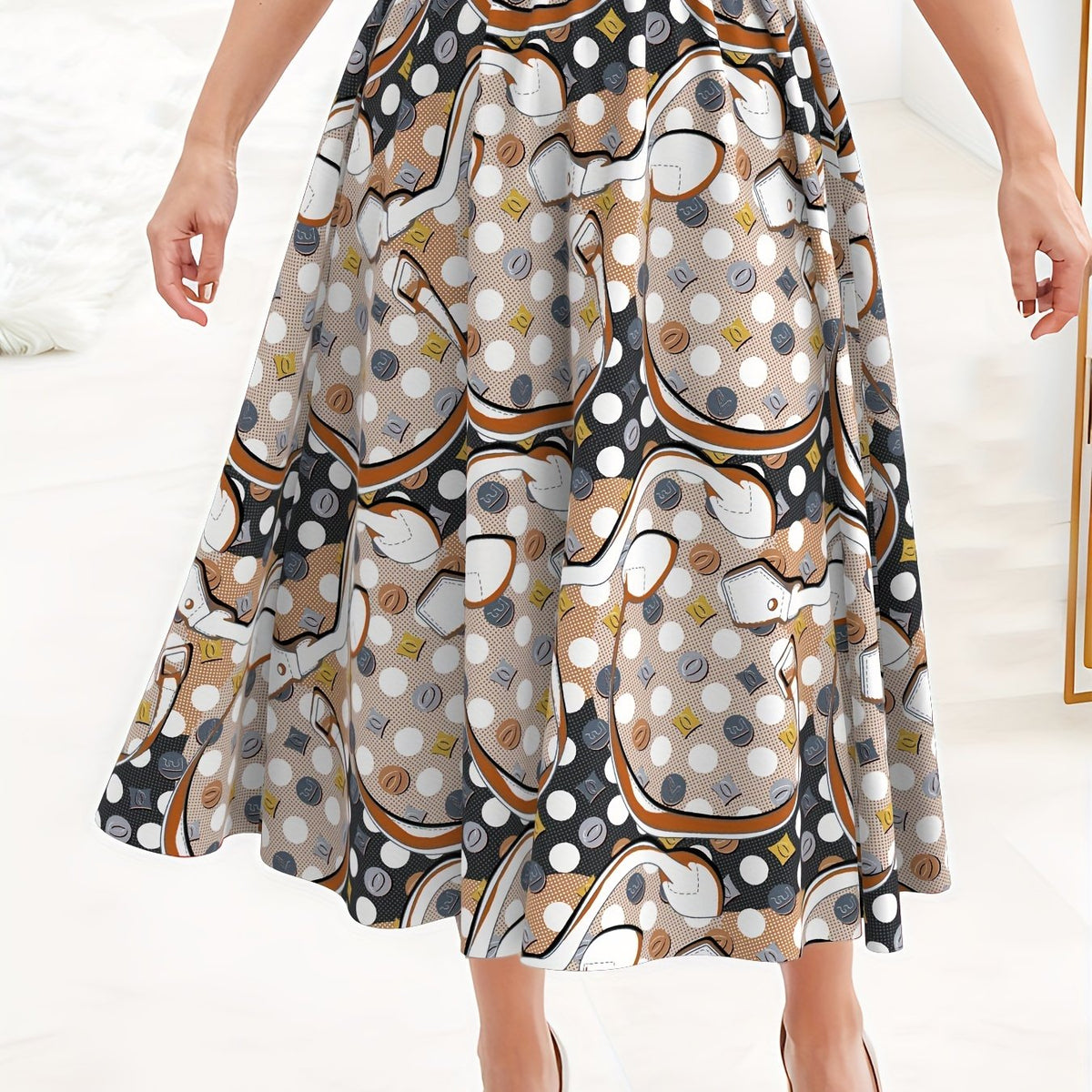  Polka Dot Print High Waist Skirt with Belt