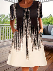  Stripe Print Short Sleeve Casual Dress with Pockets
