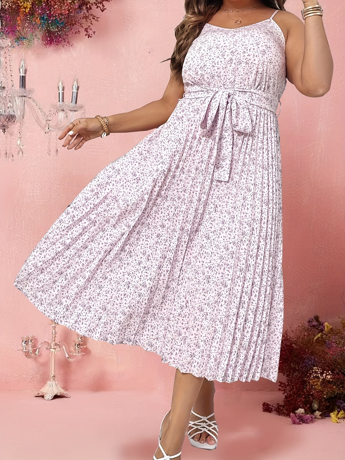 Women's Plus Ditsy Print V Neck Maxi Dress With Belt